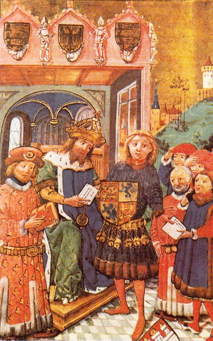 Creation of Duchy of Braunschweig-Lüneburg, taken from https://en.wikipedia.org/wiki/Duchy_of_Brunswick-L%C3%BCneburg#/media/File:FriedrichIIbelehntottodaskind.jpg