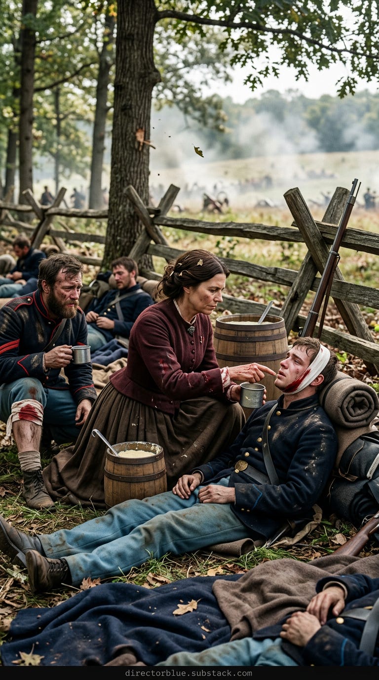 IMAGE PROMPT HISTORICAL REENACTMENT (1862) Ultra-photorealistic 9x16 vertical composition professional camera dappled mid-morning sunlight through hardwood canopy Setting behind a split-rail wooden fence at the edge of an oak and hickory wo_image_1 IMAGE PROMPT HISTORICAL REENACTMENT (1862) Ultra-photorealistic 9x16 vertical composition professional camera dappled mid-morning sunlight through hardwood canopy Setting behind a split-rail wooden fence at the edge of an oak and hickory wo_image_1