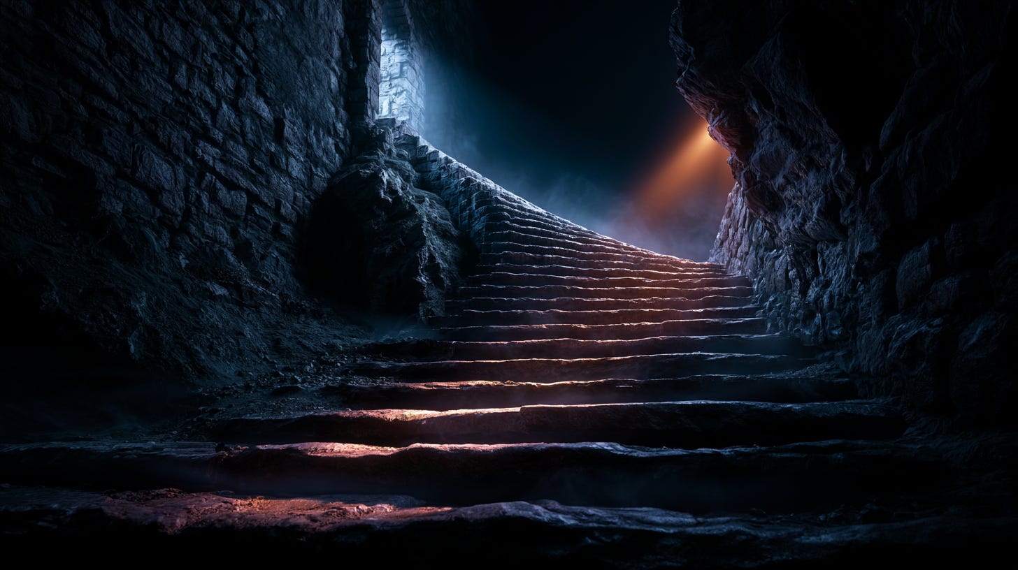 A worn stone staircase inside an ancient building, each step hollowed and smoothed by countless footsteps over generations