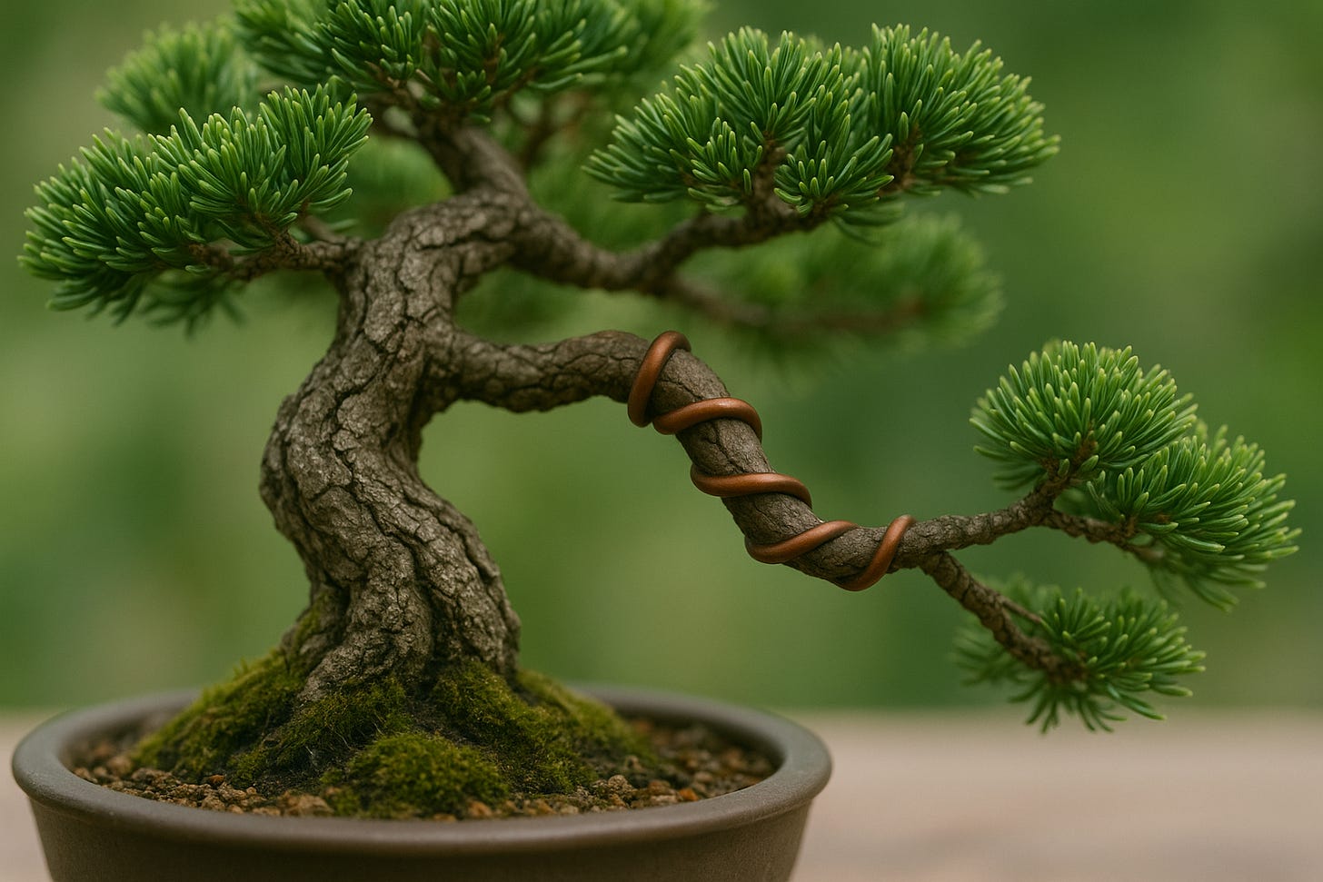 Bonsai tree branch with copper wire gently wrapped around it for shaping