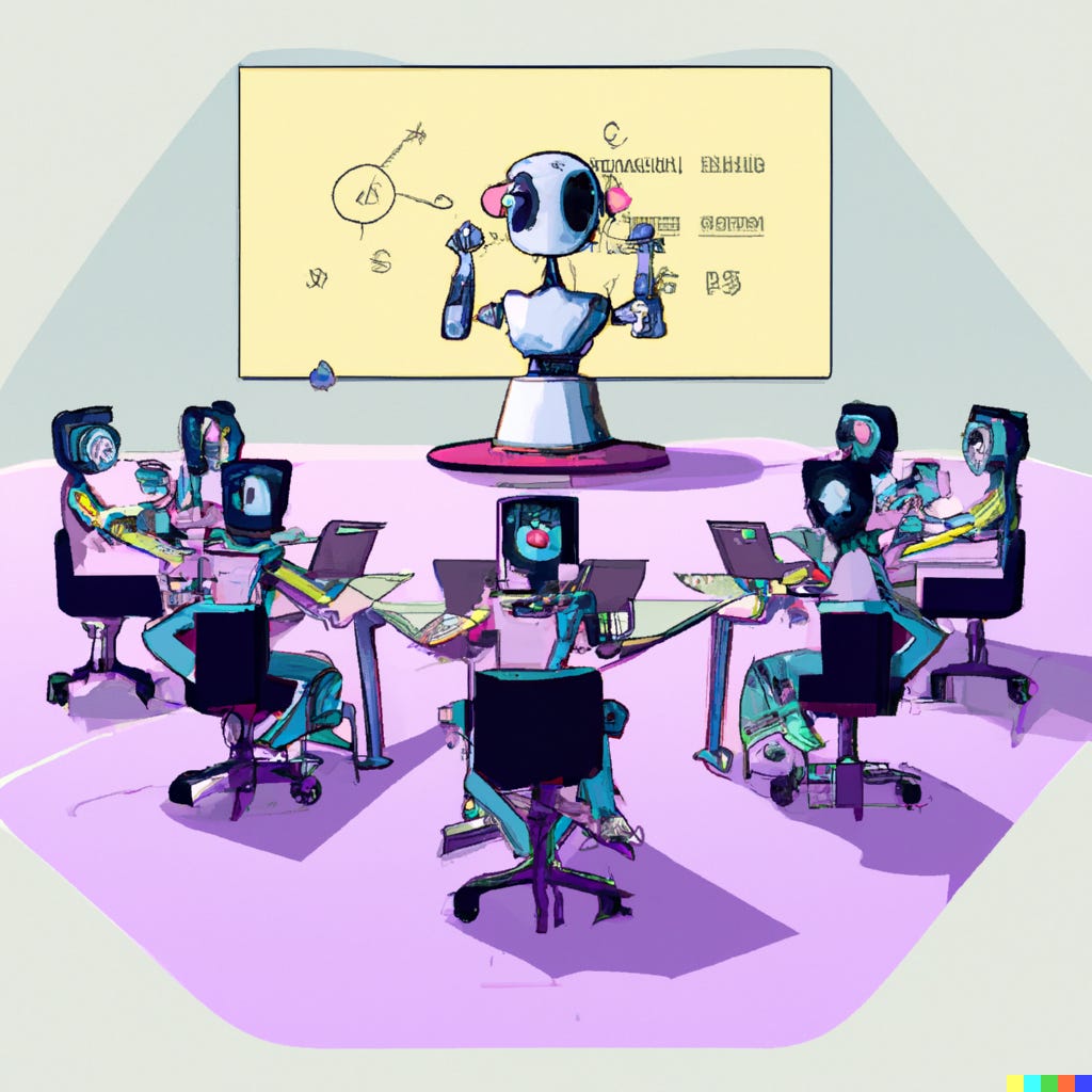 A robot teaching a class of people with computers for heads in the style of futurism.
