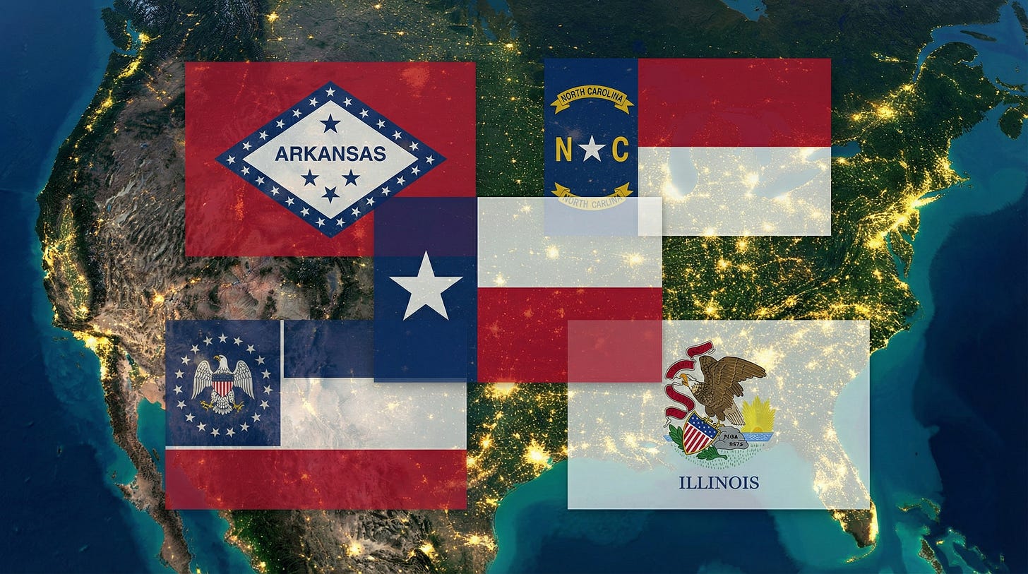 A map showing the five March primary states highlighted (Arkansas, North Carolina, Texas, Mississippi, Illinois) -Five states hold primaries in March 2026, beginning the midterm election cycle. (AI-generated illustration by Scott Burton Official)
