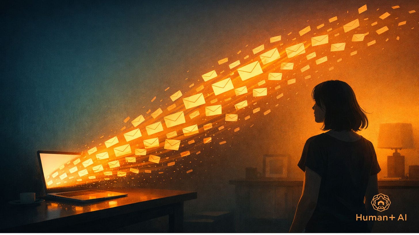 A woman watches as physical letters fly out of her laptop A woman watches as physical letters fly out of her laptop