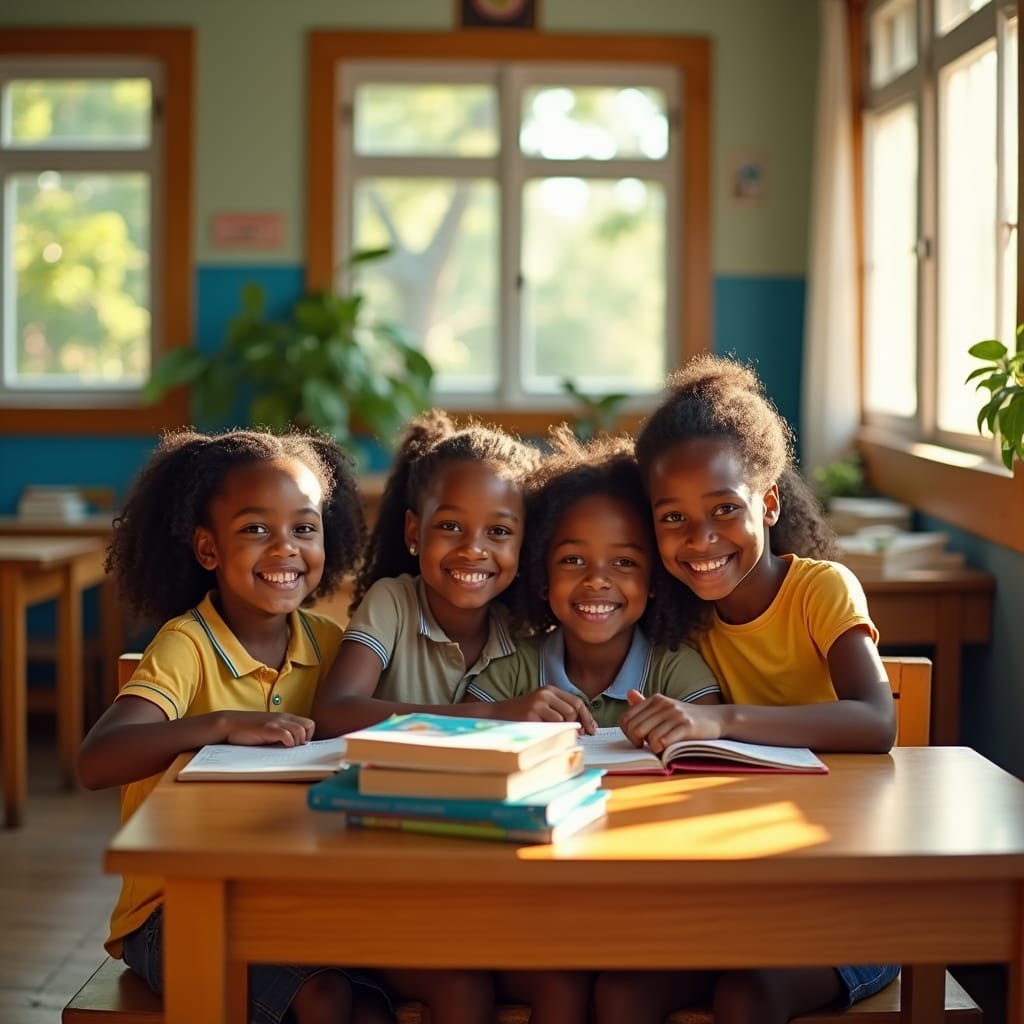 In a sun-drenched Caribbean classroom, vibrant Jamaican children with bright smiles and eager eyes engage in lively educational activities, surrounded by colorful textbooks and playful learning materials, shot in a warm, amplified by atmospheric lighting, to evoke a sense of hope and possibility rendering a visually stunning, post-processed masterpiece. In a sun-drenched Caribbean classroom, vibrant Jamaican children with bright smiles and eager eyes engage in lively educational activities, surrounded by colorful textbooks and playful learning materials, shot in a warm, amplified by atmospheric lighting, to evoke a sense of hope and possibility rendering a visually stunning, post-processed masterpiece.