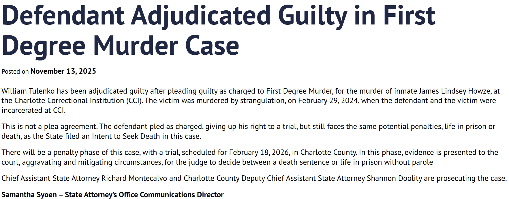 Tulenko Charlotte County: William Tulenko sentenced to death