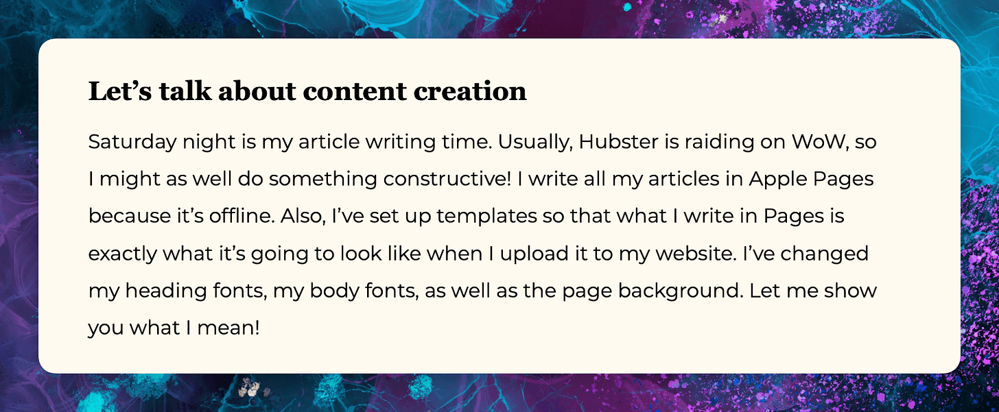 Screenshot of Apple Pages, where the colors and fonts have been set up to mimic my website
