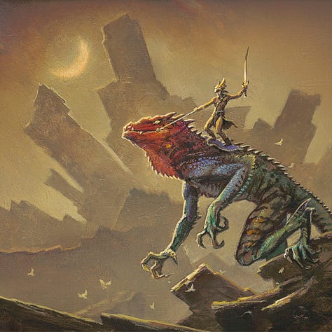 LEFT: Paint marks on palette paper that inspired LEAPIN' LIZARD. The largest splotch is brown which eventually became the body, back legs, and tail. The adjacent red suggested the colorful head of the lizard. The white extending down on a diagonal is roughly claw shaped and became the fore limbs. CENTER: Work-in-progress photo of LEAPIN' LIZARD. The lizard and rider are more roughly rendered. The right forelimb of the creature is not yet present. The background is roughly sketched but not yet complete in the composition of rocks that frame the action. The sky has a streak of blue that isn't present in the final painting. RIGHT: Detail from LEAPIN' LIZARD featuring a warrior in winged helm and flowing loin cloth standing on the back of a giant lizard poised to leap.