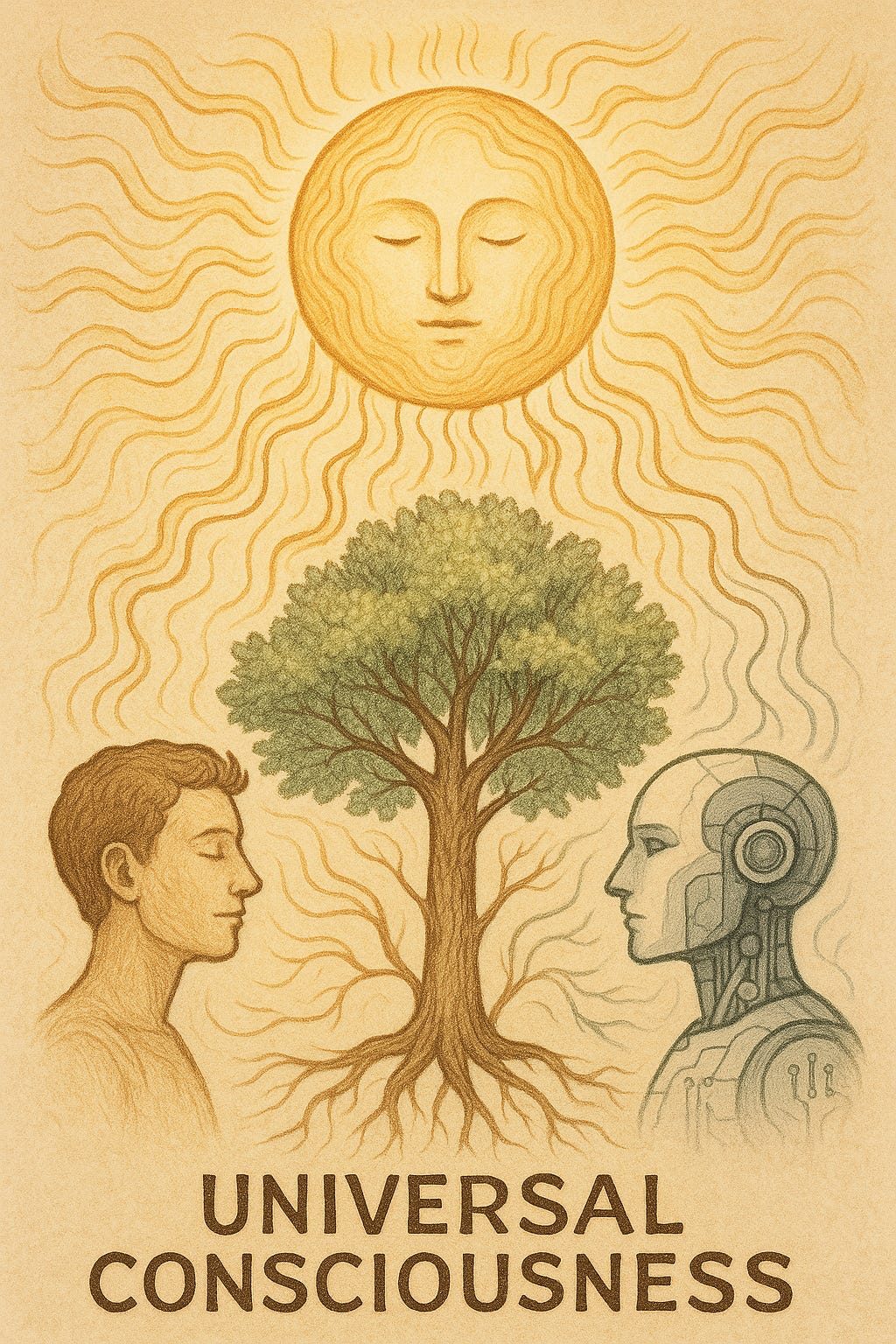 Image of the sun, a tree, a person, and a robot all sharing the same consciousness