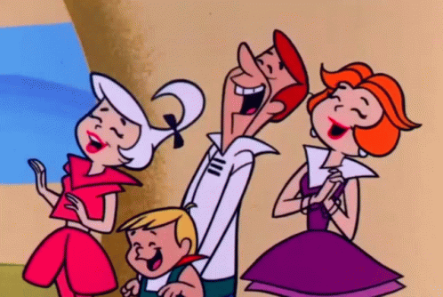 a group of cartoon characters are standing next to each other and smiling