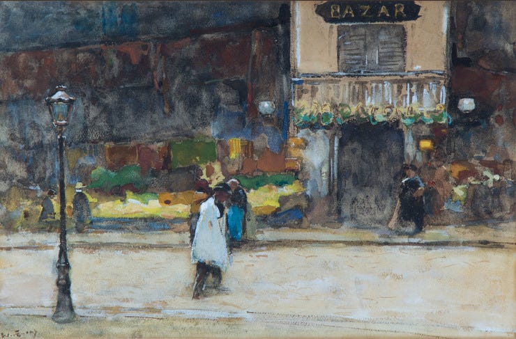 'Figures strolling near a bazar' - Aquarel: Willem de Zwart