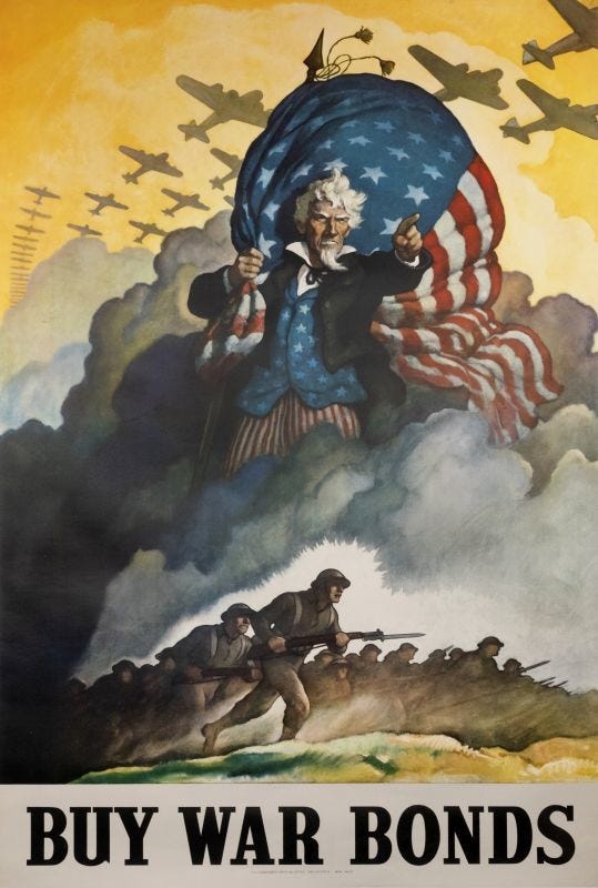 Uncle Sam in a storm cloud leads soldiers to battle, airplanes behind, brown, yellow, white