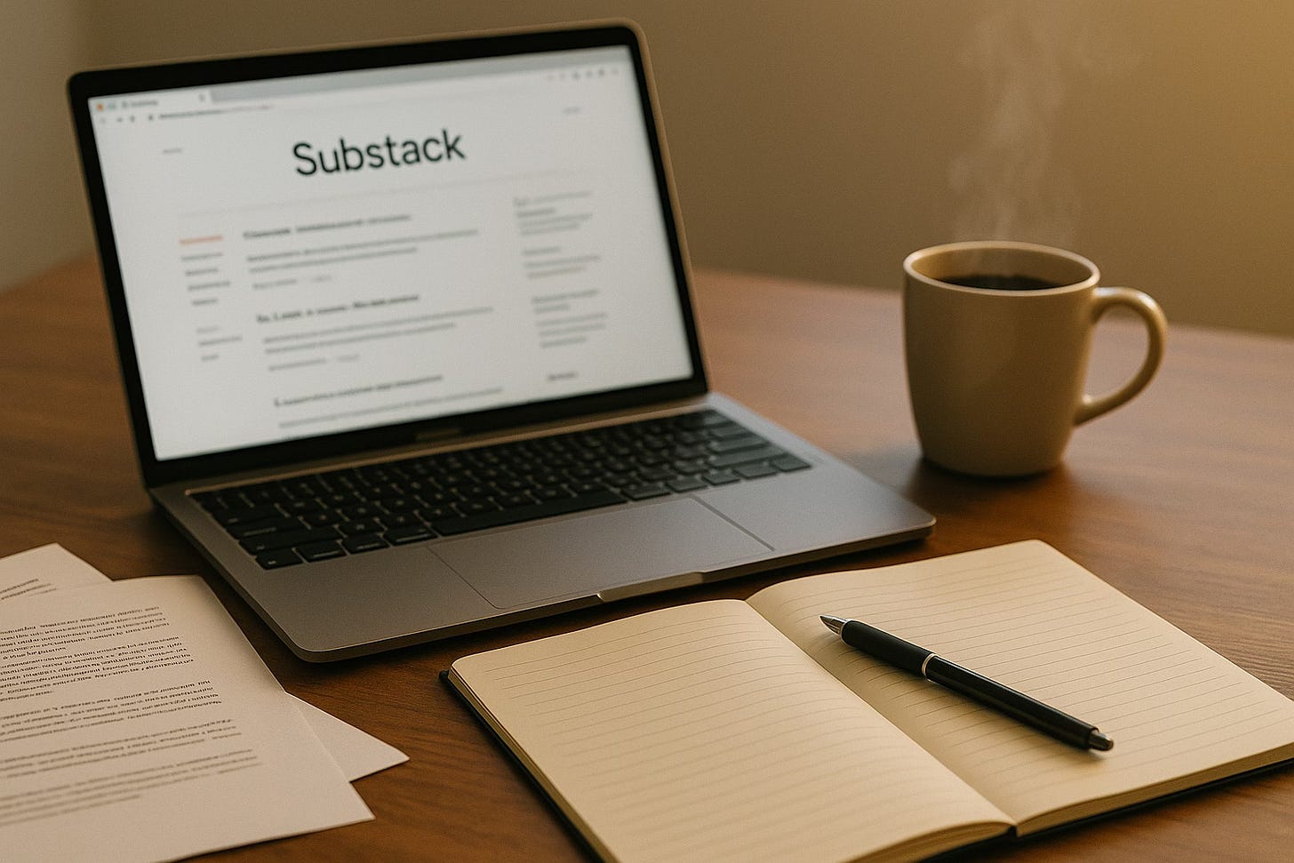 A cozy workspace with a wooden table showing a laptop open to the Substack homepage, a steaming mug of coffee, an open notepad with a pen, and a few scattered sheets of paper—captured in warm, natural light from a slightly overhead angle. A cozy workspace with a wooden table showing a laptop open to the Substack homepage, a steaming mug of coffee, an open notepad with a pen, and a few scattered sheets of paper—captured in warm, natural light from a slightly overhead angle.