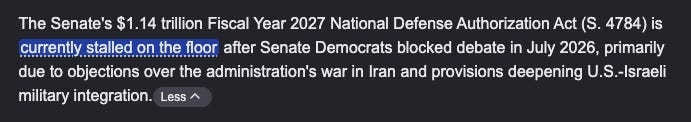 Screenshot of Google update on the currently stalled NDAA in the US Senate