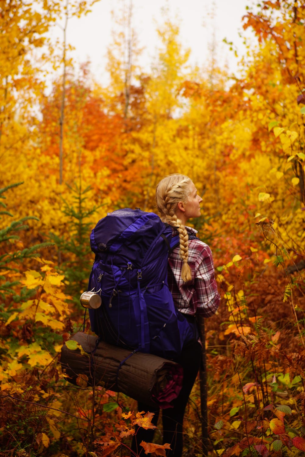 Picture shows vibrant yellows and oranges as Lisa's friend hikes with a backpacking pack on. Picture shows vibrant yellows and oranges as Lisa's friend hikes with a backpacking pack on.