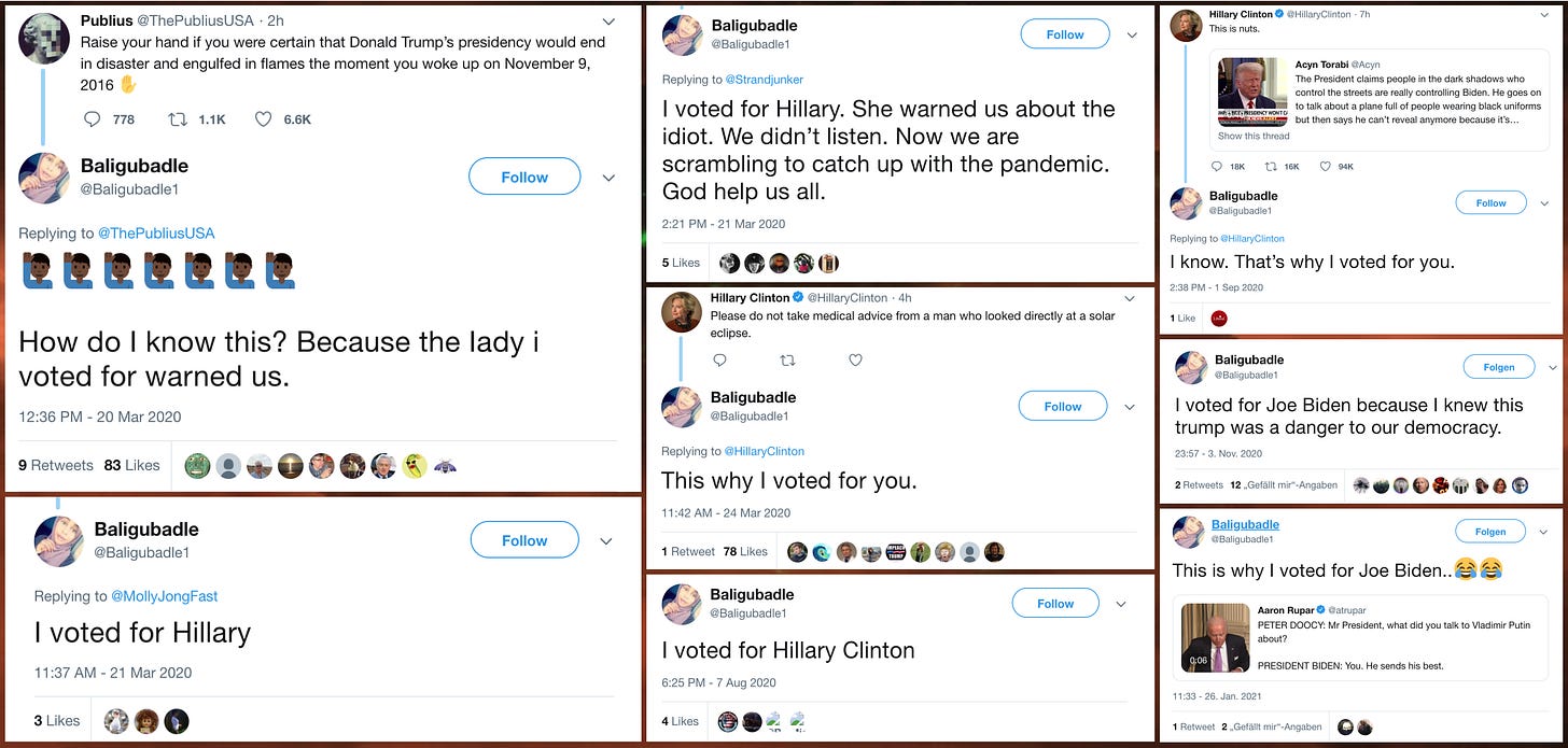 collage of @Baligubadle1 tweets claiming to have voted for Hillary Clinton and Joe Biden