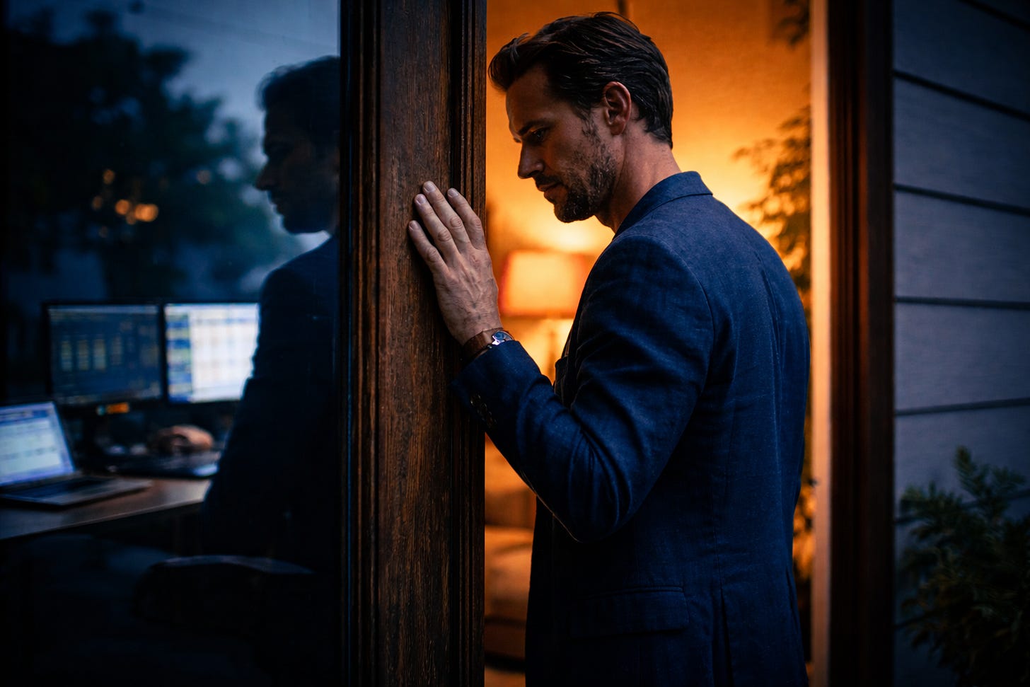 Man standing in a doorway between a blue-lit workspace and a warm home interior, symbolizing the contrast between planning and lived experience. Man standing in a doorway between a blue-lit workspace and a warm home interior, symbolizing the contrast between planning and lived experience.