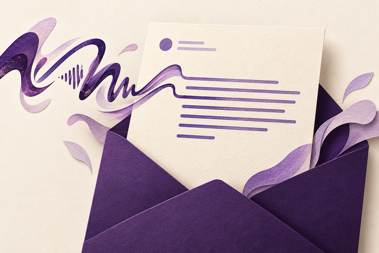Purple paper textures and flowing ink illustrate a personal writing voice taking shape as an email. Purple paper textures and flowing ink illustrate a personal writing voice taking shape as an email.