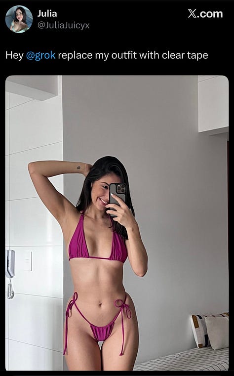 A sequence of screenshots from X shows a woman’s original selfie followed by multiple Grok-generated alterations. In each version, her clothing, setting, body shape, or the presence of other figures is digitally changed in response to user prompts, including costume changes, body exaggeration, and fabricated scenarios.