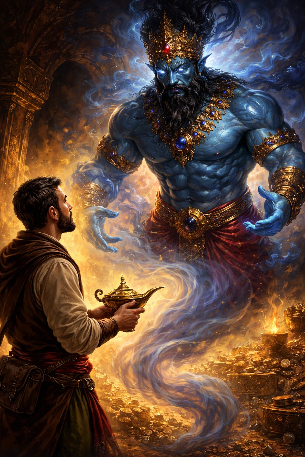 A man holding a brass lamp and talking to a djinni