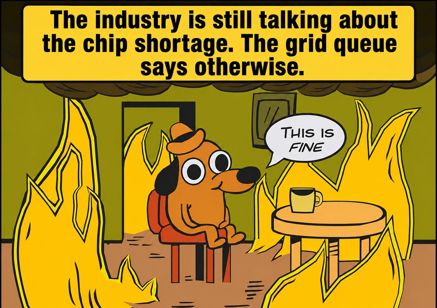 “This Is Fine” meme illustrating how AI infrastructure still focuses on chip shortages while grid power and interconnection delays become the bigger constraint. “This Is Fine” meme illustrating how AI infrastructure still focuses on chip shortages while grid power and interconnection delays become the bigger constraint.