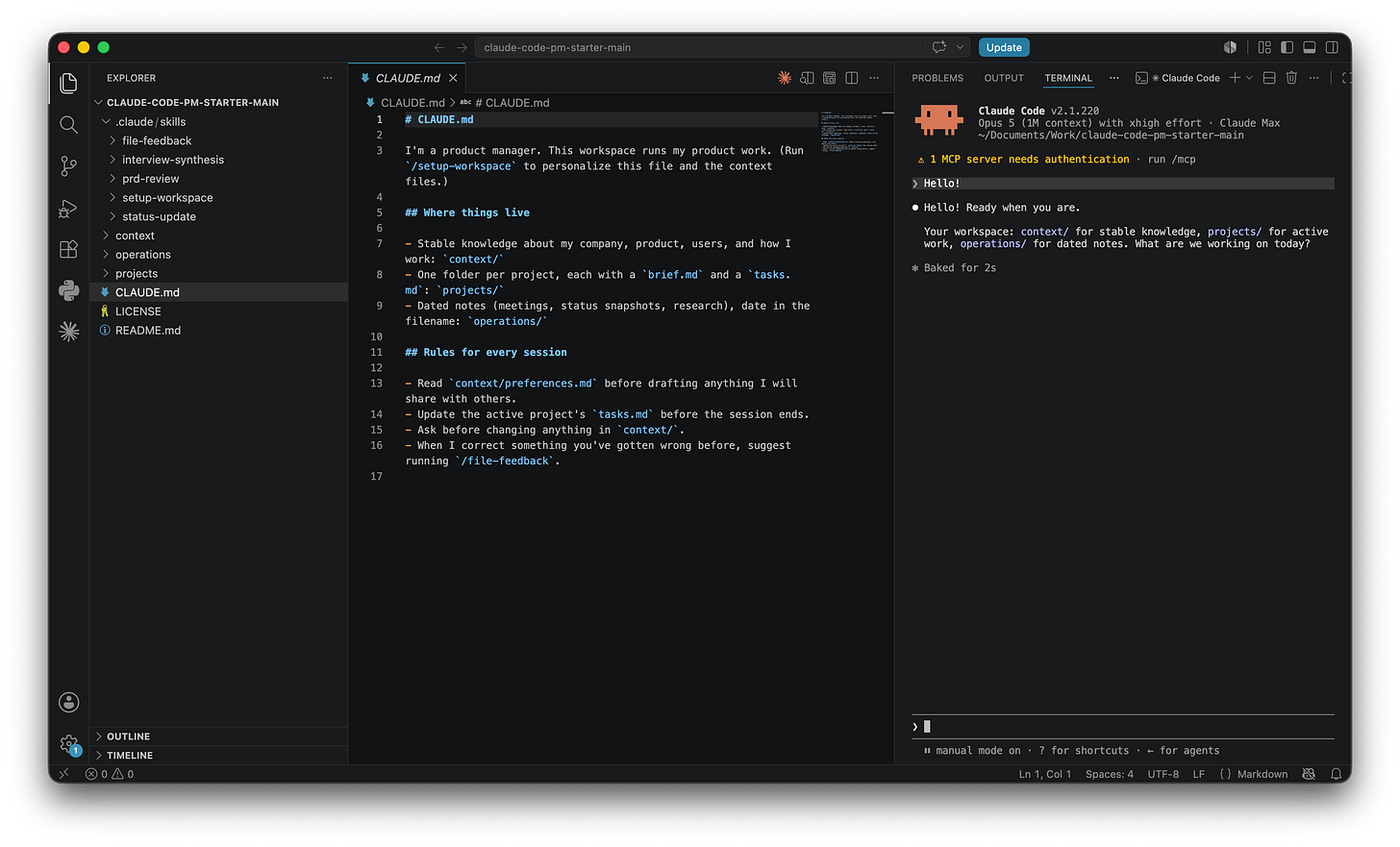 Screenshot of Claude Code running in the VS Code terminal. The user typed Hello and Claude answered like a colleague who just read the files: it names the workspace folders (context for stable knowledge, projects for active work, operations for dated notes) and asks what to work on today. Screenshot of Claude Code running in the VS Code terminal. The user typed Hello and Claude answered like a colleague who just read the files: it names the workspace folders (context for stable knowledge, projects for active work, operations for dated notes) and asks what to work on today.