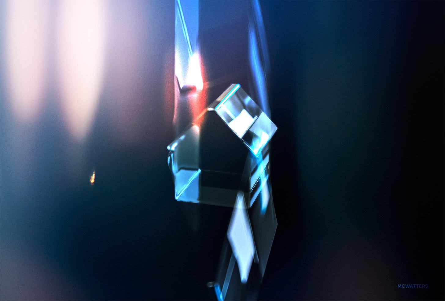 An abstract, atmospheric image of a glass house in a field of lights, set against a dark background.