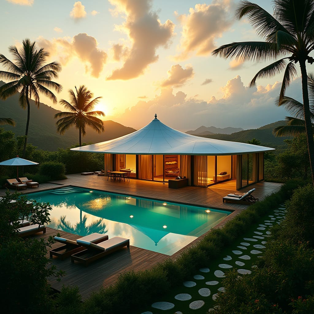 A luxurious modern Jamaican property with a distinctive Bell Roof, set against a vibrant tropical landscape,