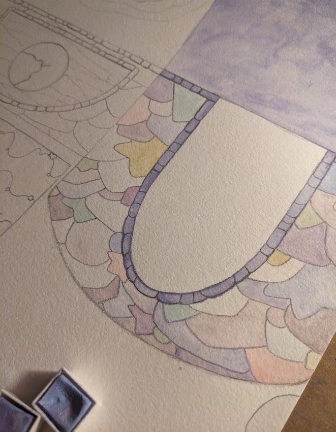 A partly painted wall of a room with a large, door-like opening and a purple floor. Next to it is a drawing of a wall with a strange-looking window. A partly painted wall of a room with a large, door-like opening and a purple floor. Next to it is a drawing of a wall with a strange-looking window.