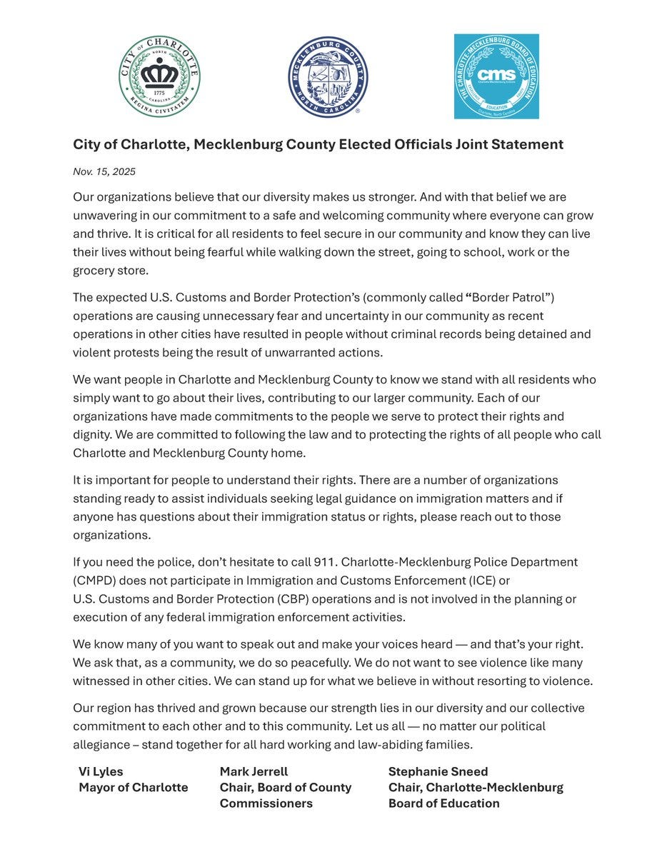 Document image with official seals from City of Charlotte, Mecklenburg County, and Charlotte-Mecklenburg Schools at the top. Title reads City of Charlotte, Mecklenburg County Elected Officials Joint Statement dated October 15, 2024. Text discusses belief in diversitys strength, commitment to protecting residents rights, concerns over federal immigration enforcement and potential deportations based on unverified information. Mentions assurance to protect all residents, importance of understanding rights, organizations for assistance, non-participation of local police and fire in raids, advice on approaching federal authorities, call to stand against violence without relying on it, and using diversity for community thriving. Signed by Vi Lyles Mayor of Charlotte, Mark Jerrell Chair Mecklenburg County Commissioners, and Stephanie S. Davis-Mecklenburg Board of Education Chair at the bottom.