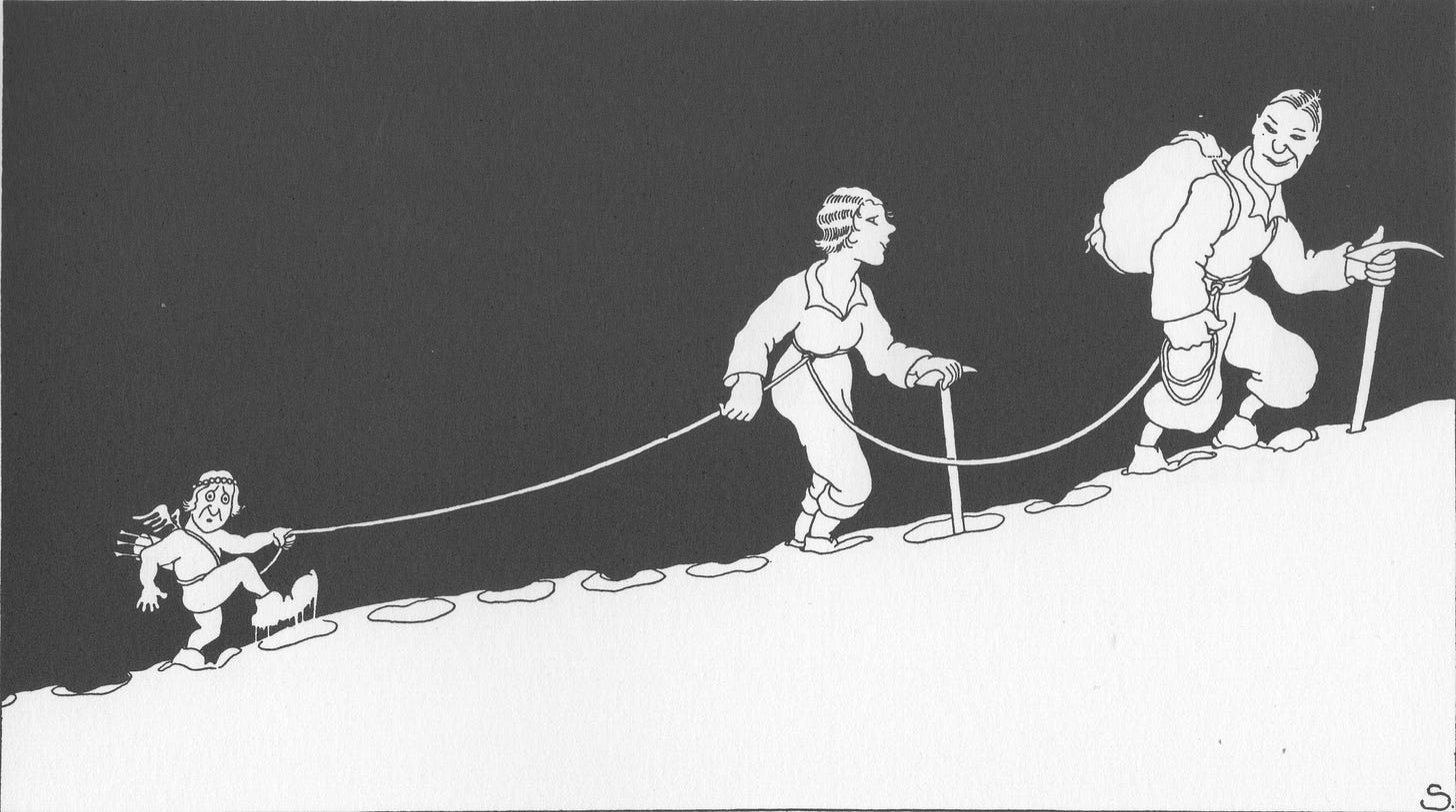 male and female alpinists plodding up soft snow, Cupit third on the rope