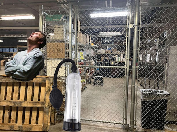 Man sleeping next to penis pump.