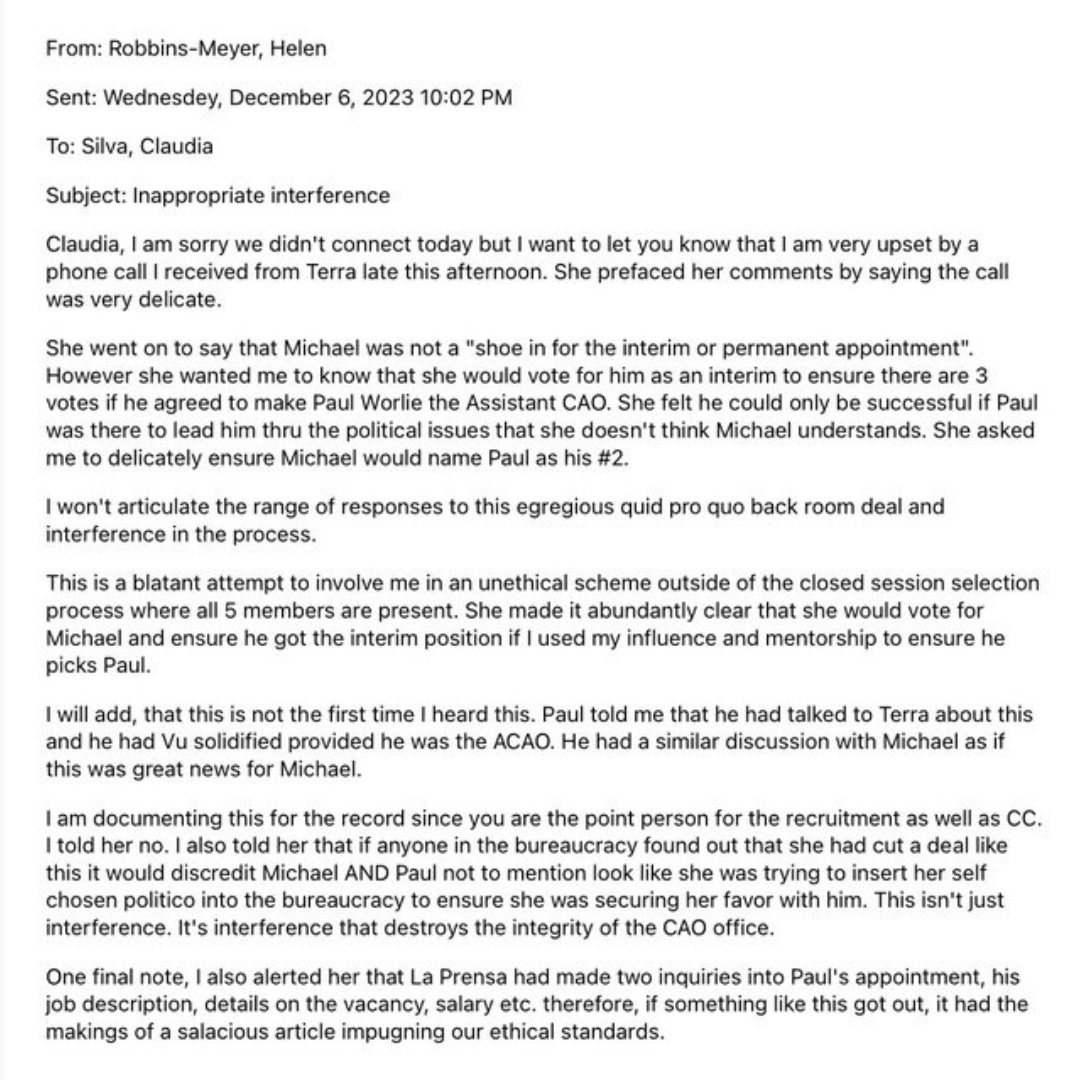 This email from former San Diego County CAO Helen Robbins-Meyer to former Chief County Counsel Claudia Silva outlines a plan by Supervisor Terra Lawson-Remer to vote for Michael Vu to replace Robbins-Meyer if he hired Paul Worlie as his second in command. File image This email from former San Diego County CAO Helen Robbins-Meyer to former Chief County Counsel Claudia Silva outlines a plan by Supervisor Terra Lawson-Remer to vote for Michael Vu to replace Robbins-Meyer if he hired Paul Worlie as his second in command. File image
