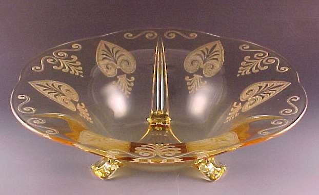 Fostoria Glass Trojan Etched Topaz Yellow 3-Toed Console Bowl