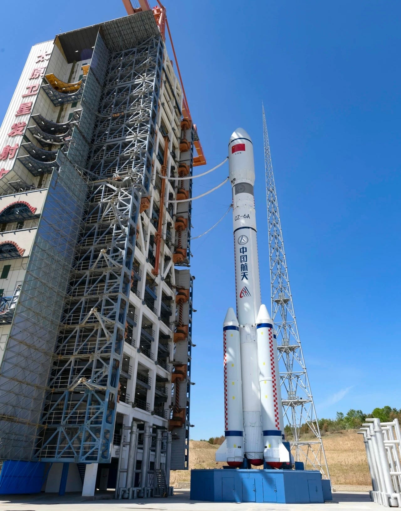 The Long March 6A Y8 vehicle at Launch Complex 9A ahead of its mission. The Long March 6A Y8 vehicle at Launch Complex 9A ahead of its mission.