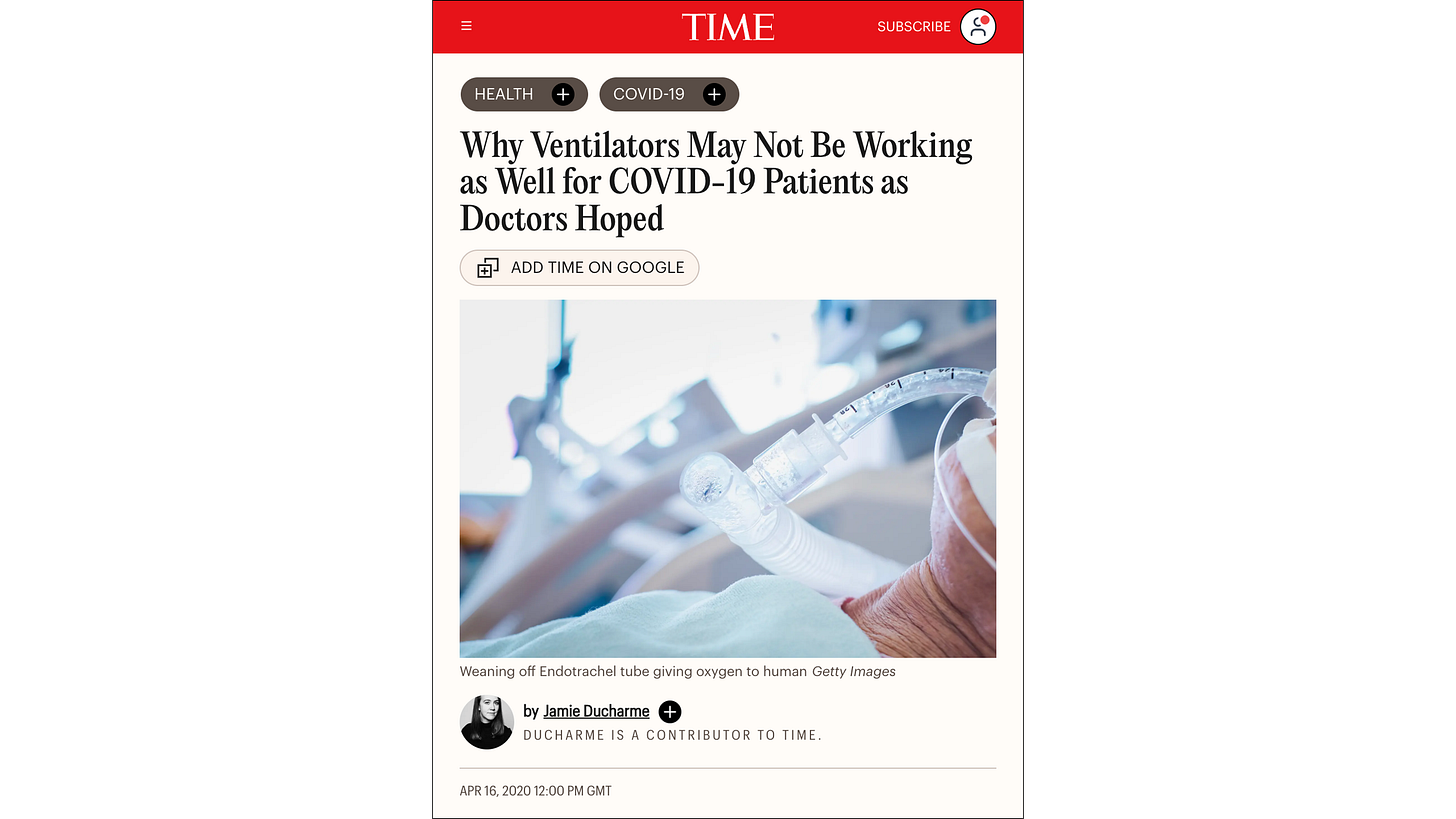 Why Ventilators May Not Be Working as Well for COVID-19 Patients as Doctors Hoped (TIME, 16 April 2020) Why Ventilators May Not Be Working as Well for COVID-19 Patients as Doctors Hoped (TIME, 16 April 2020)
