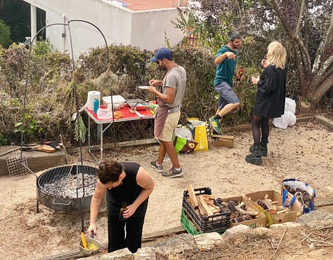 people outside having a party, playing live music and a swimming pool and bbq