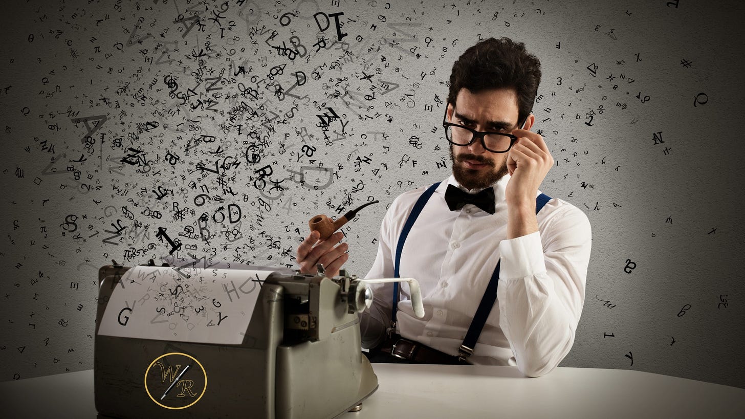 A man wearing a suit, suspenders, glasses and smoking a pipe sits in front of an old-fashioned typewriter. A man wearing a suit, suspenders, glasses and smoking a pipe sits in front of an old-fashioned typewriter.