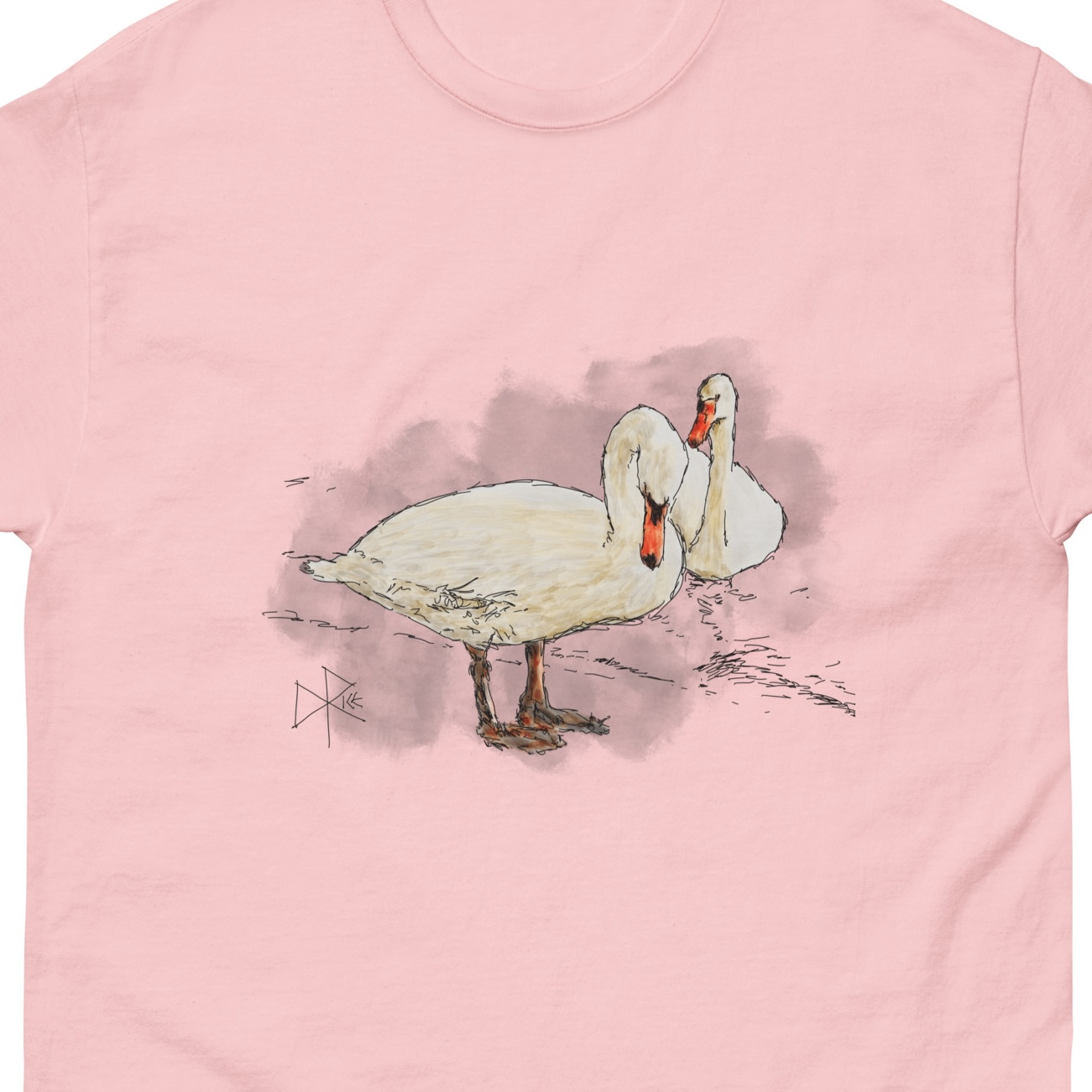Two swans at the water’s edge. One stands on the shore as the other floats on the shallow water. Sketch art by Don Rice. Two swans at the water’s edge. One stands on the shore as the other floats on the shallow water. Sketch art by Don Rice.