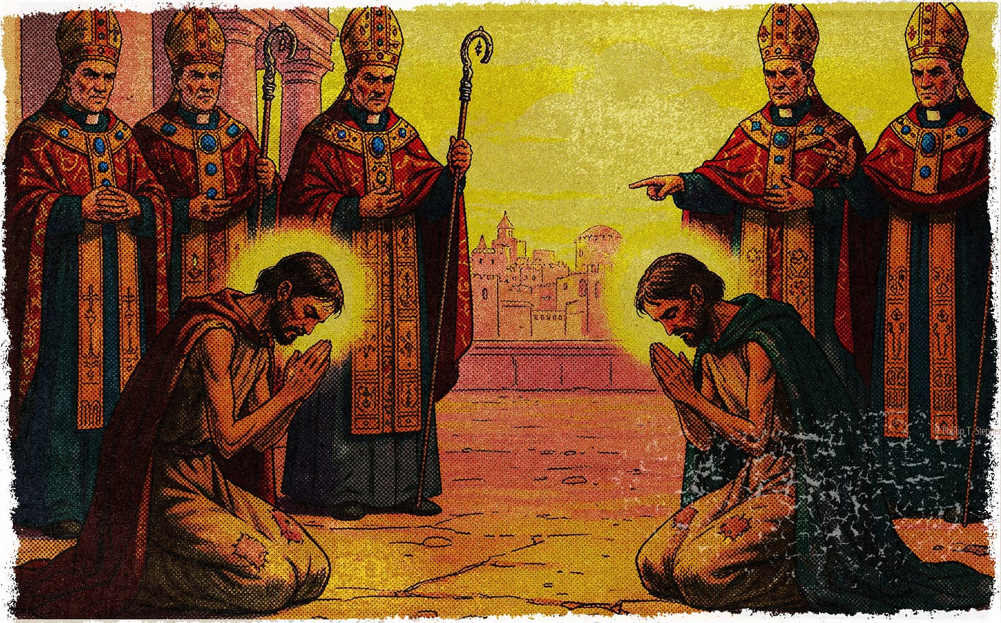 Two impoverished prophets bow in prayer while wealthy indignant priests look on.