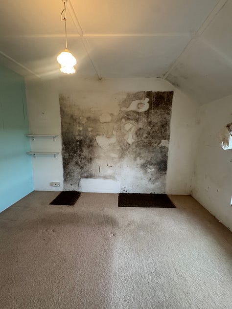 Three images of a bedroom in stages as it gets cleared and then the ceilings and carpets removed