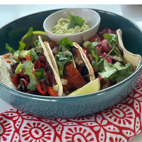 Crispy Mushroom Tacos, Polenta with roasted veg and Mel