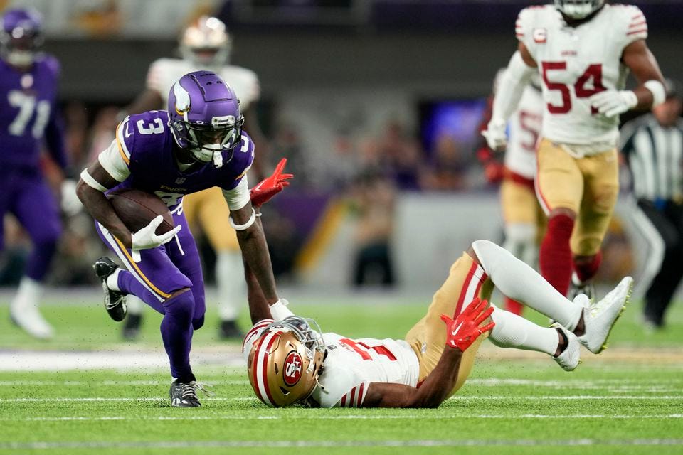 Jordan Addison and the Vikings wrestle win away from 49ers - The Boston  Globe