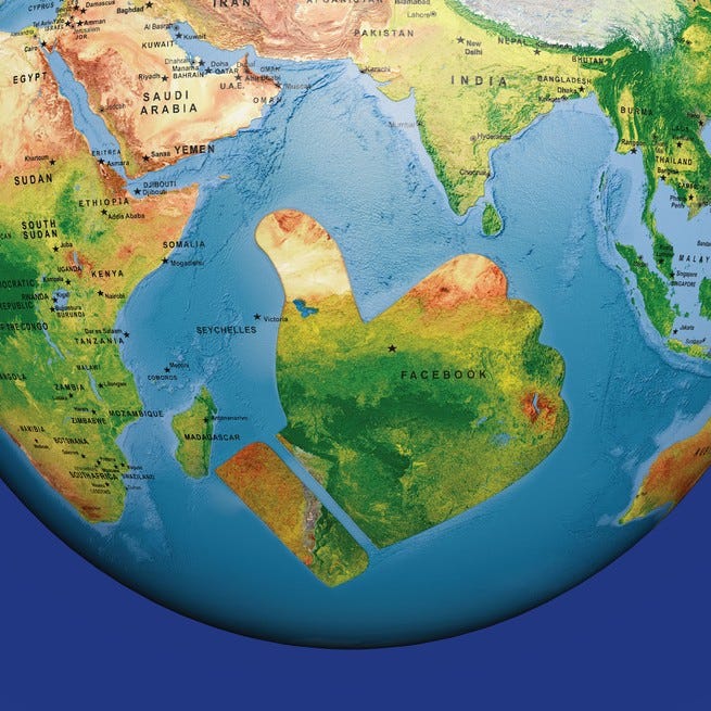 A map of a globe with a large landmass shaped like Facebook's "Like" thumbs-up sign off the coast of Africa