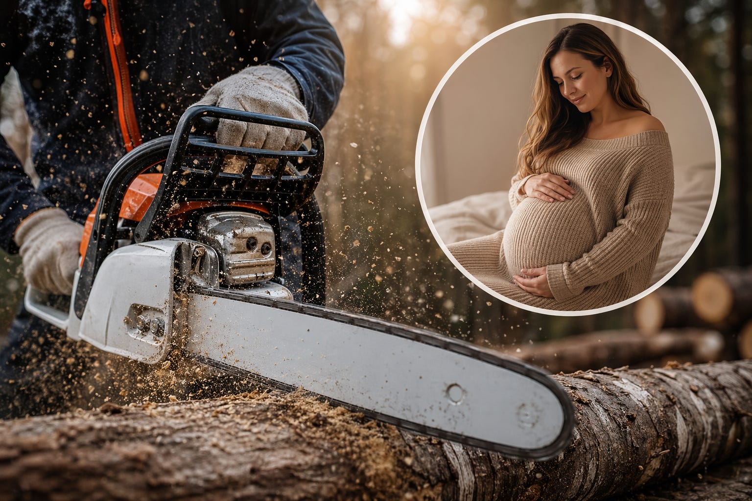 Chainsaw cutting through timber in a forest, contrasted with a calm portrait of a pregnant woman, highlighting the tool’s unexpected origins.