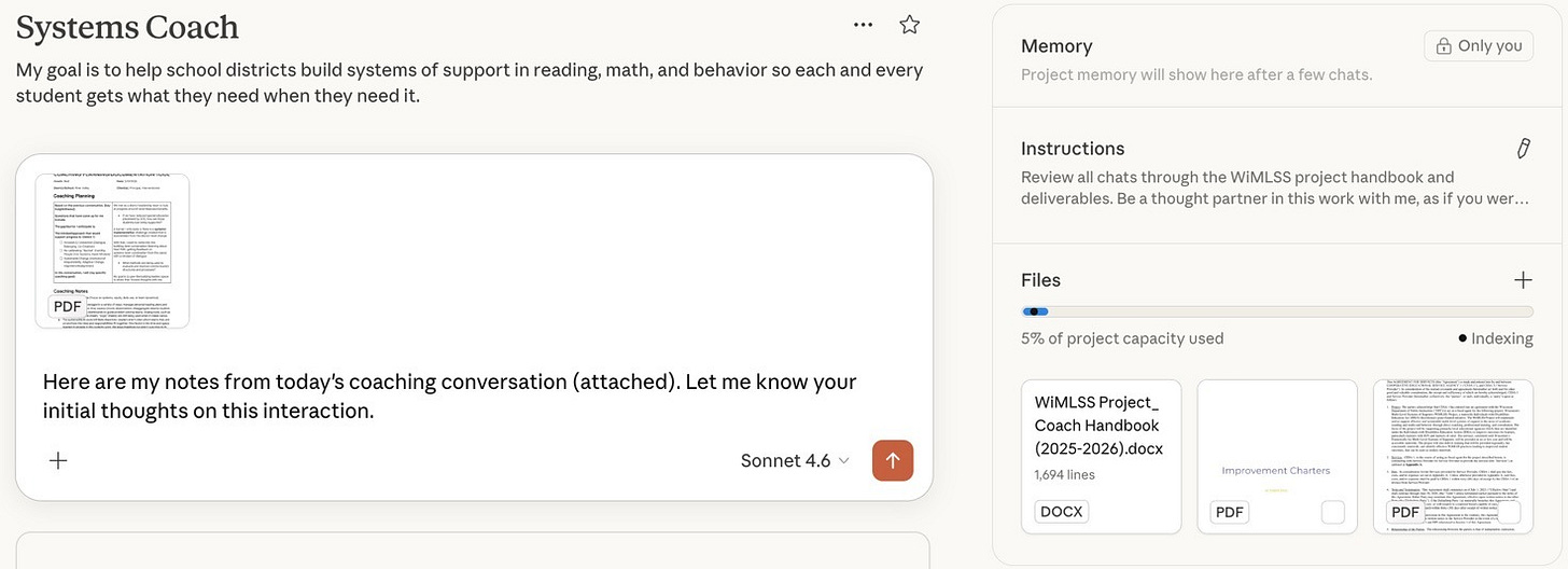 Systems coach project page in Claude, with notes and my directions in a chat. 