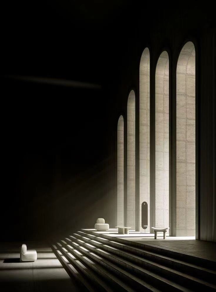 This may contain: the light shines through several arches in an empty room