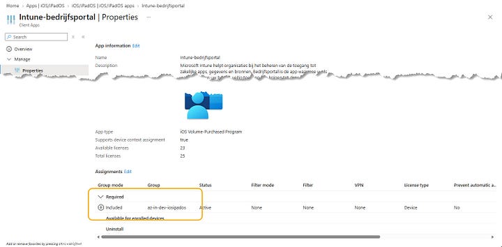 Screenshot of the assignment sheets of the Company Portal and Microsoft Authenticator app, both mandatory, targeting the enrollment timegroup