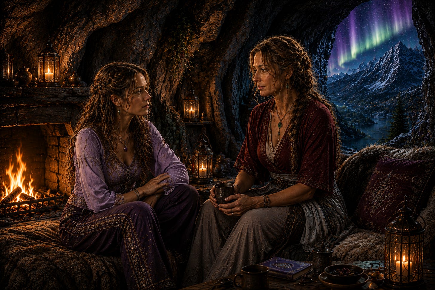 Image of Serai and Angelika talking by the hearth