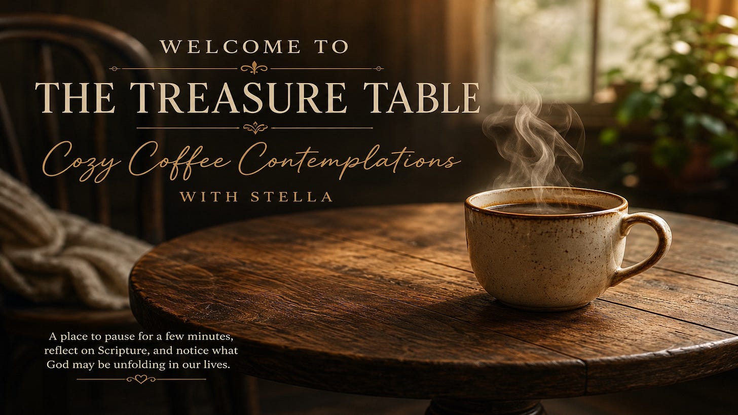 A cozy wooden table beside a sunlit window with a steaming mug of coffee. The graphic reads “Welcome to The Treasure Table – Cozy Coffee Contemplations with Stella.” It invites readers to pause, reflect on Scripture, and notice what God may be unfolding in their lives.