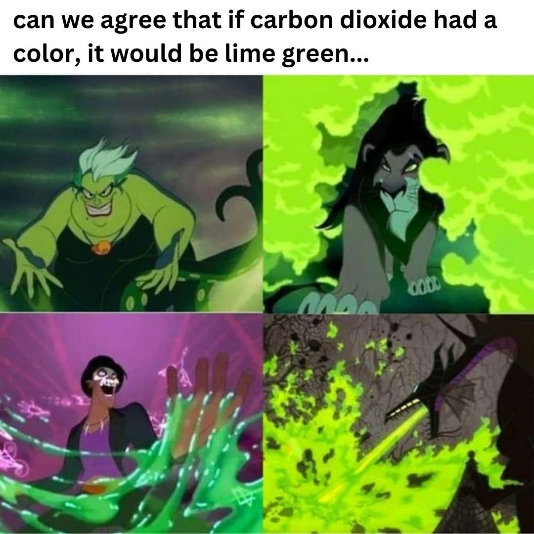 Four Disney villains surrounded by lime green smoke and magic, under the text "can we agree that if carbon dioxide had a color, it would be lime green...".